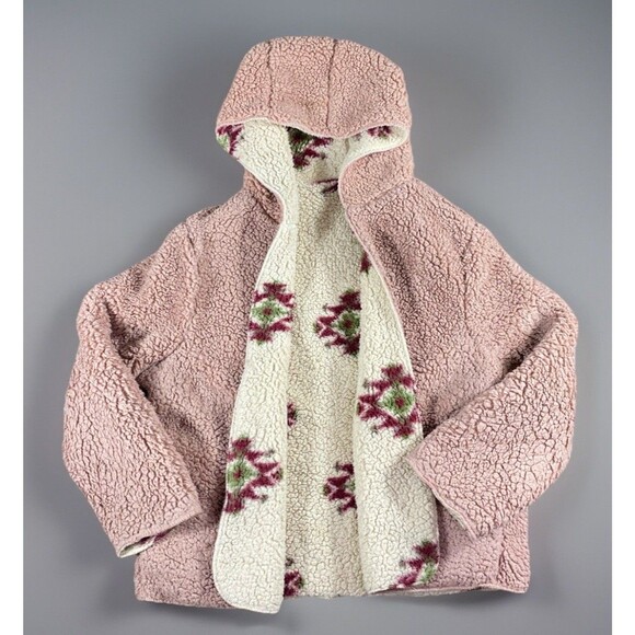 Impressions Floral Aztec Sherpa Reversible Open Hooded Jacket Women’s Size Large - Picture 2 of 7